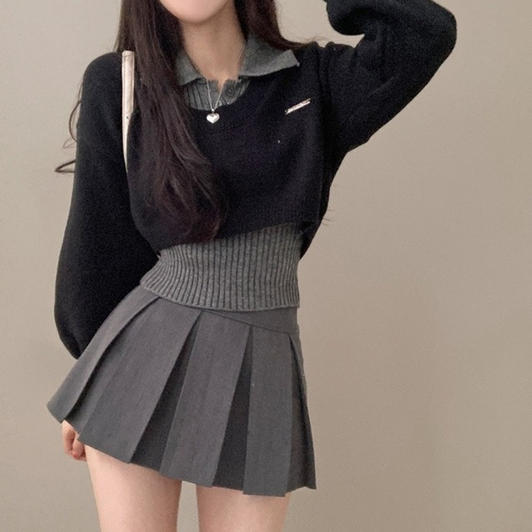 도아 패치 카라 크롭 니트 투피스 세트 블랙