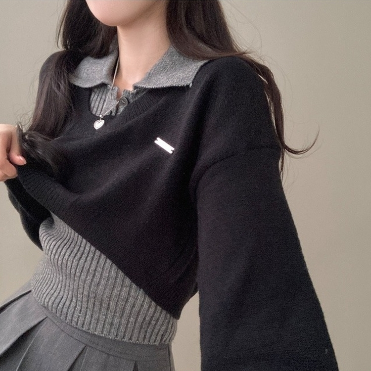 도아 패치 카라 크롭 니트 투피스 세트 블랙