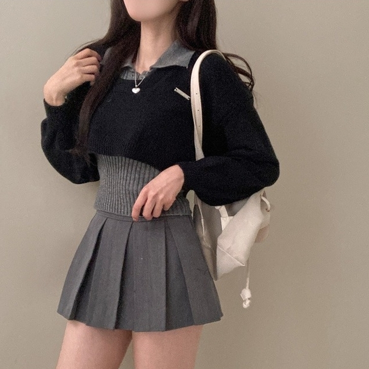 도아 패치 카라 크롭 니트 투피스 세트 블랙