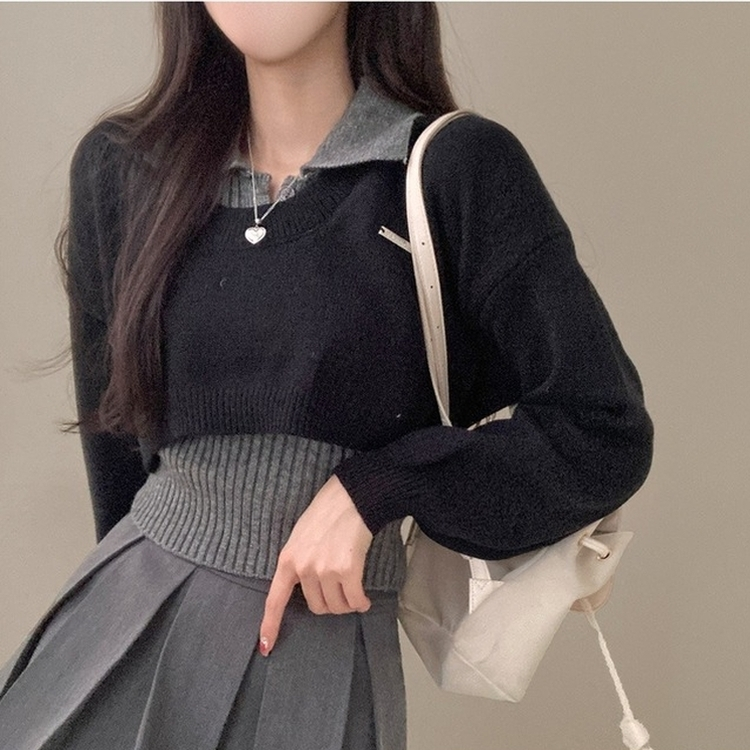 도아 패치 카라 크롭 니트 투피스 세트 블랙