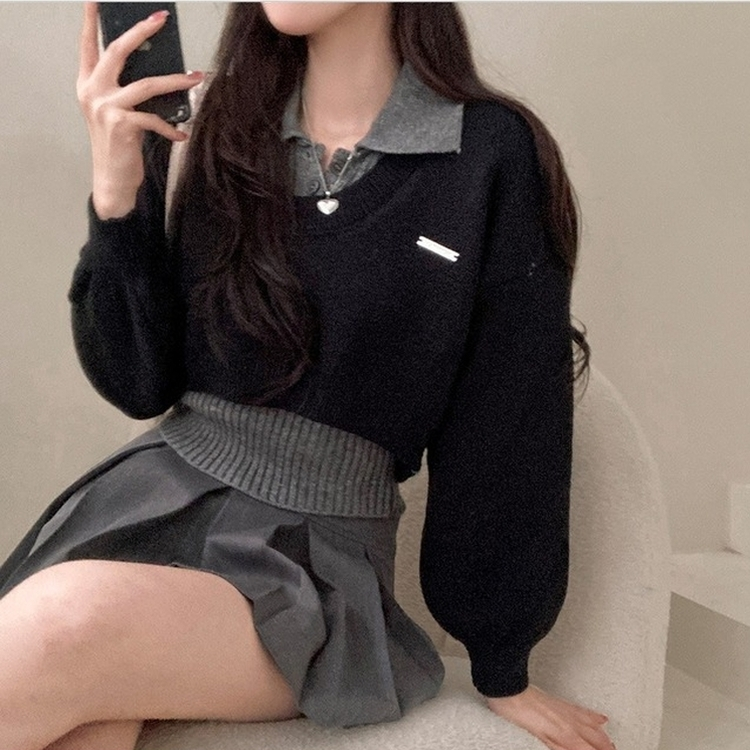 도아 패치 카라 크롭 니트 투피스 세트 블랙