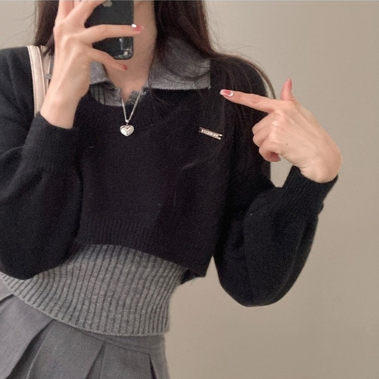 도아 패치 카라 크롭 니트 투피스 세트 블랙