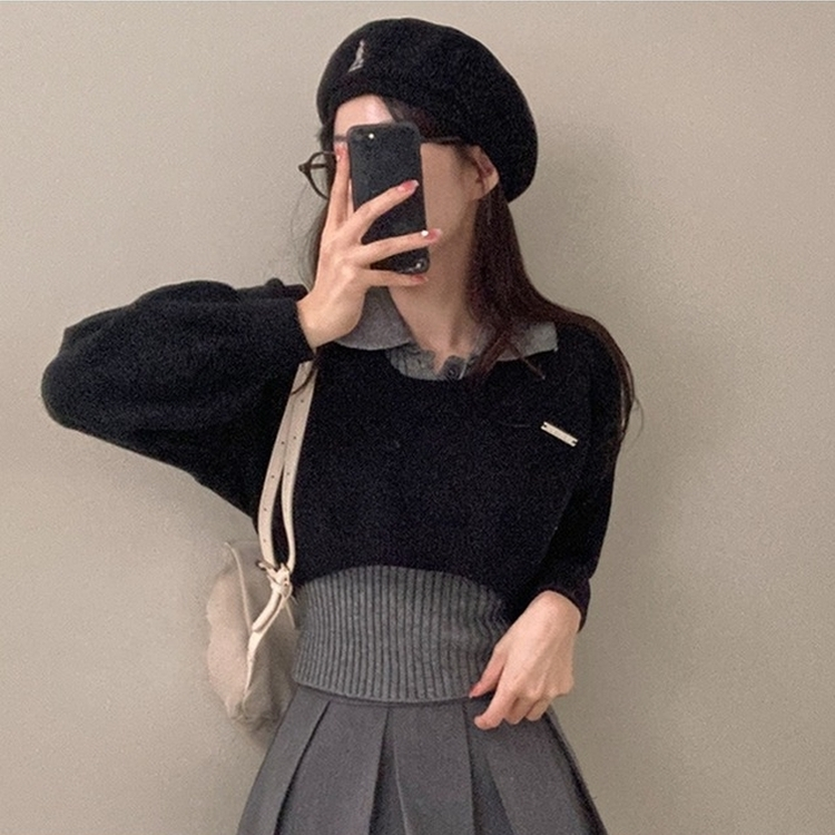 도아 패치 카라 크롭 니트 투피스 세트 블랙