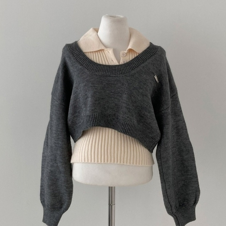도아 패치 카라 크롭 니트 투피스 세트