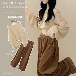 아방핏 트임버튼 원 오프숄더 크롭 입술넥 벌룬니트 연말룩 연베이지