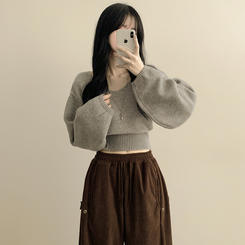 아방핏 트임버튼 원 오프숄더 크롭 입술넥 벌룬니트 연말룩 그레이