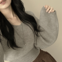 아방핏 트임버튼 원 오프숄더 크롭 입술넥 벌룬니트 연말룩 그레이