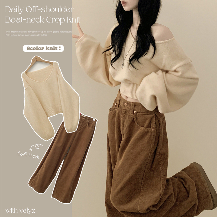 아방핏 트임버튼 원 오프숄더 크롭 입술넥 벌룬니트 연말룩 연베이지