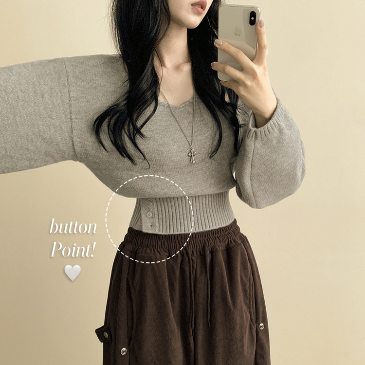 아방핏 트임버튼 원 오프숄더 크롭 입술넥 벌룬니트 연말룩 그레이