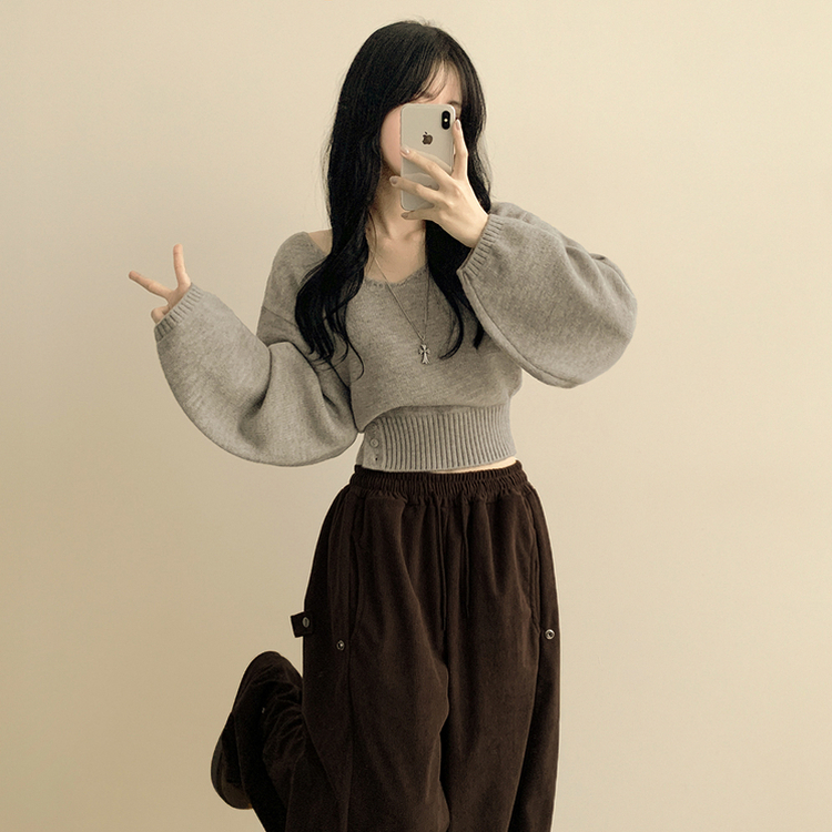 아방핏 트임버튼 원 오프숄더 크롭 입술넥 벌룬니트 연말룩 그레이