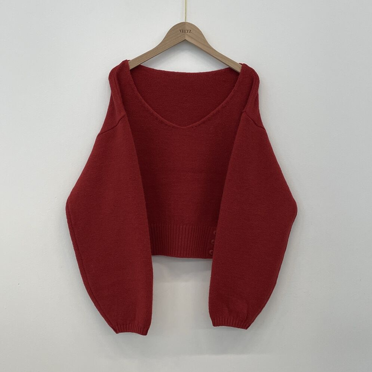 아방핏 트임버튼 원 오프숄더 크롭 입술넥 벌룬니트 연말룩