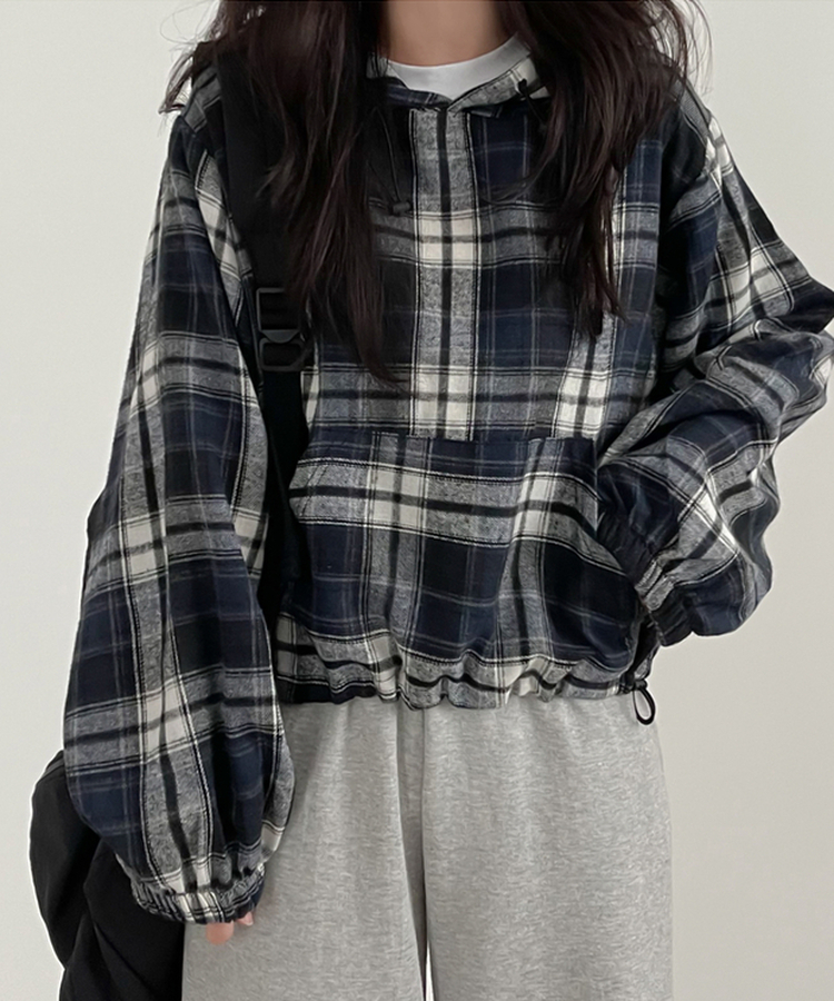 ストリングチェッククロップパーカー｜フード｜韓国ファッション通販 SONA