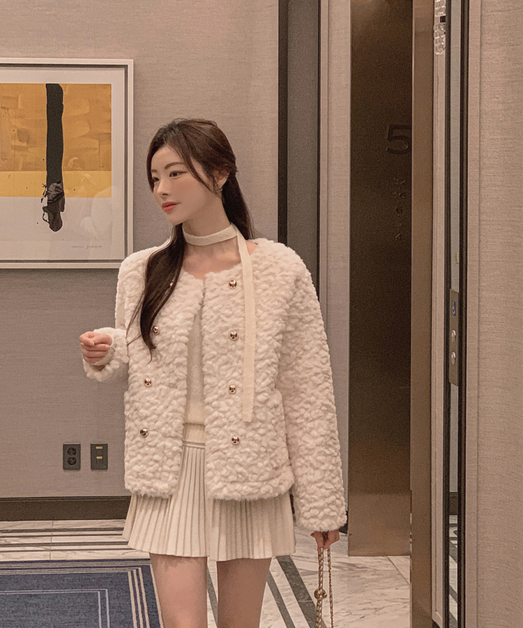 ダブルボタンポケットフェイクファージャケット WHITE