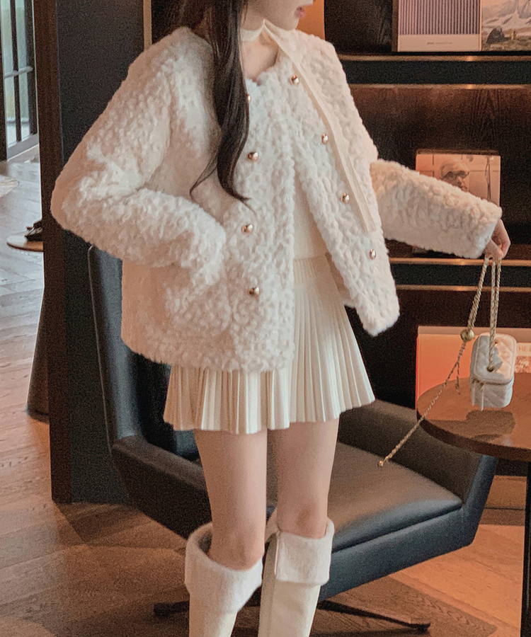 ダブルボタンポケットフェイクファージャケット WHITE