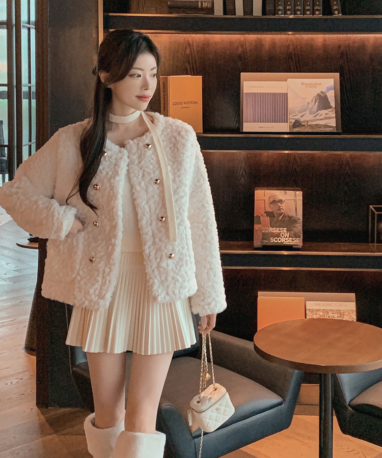 ダブルボタンポケットフェイクファージャケット WHITE