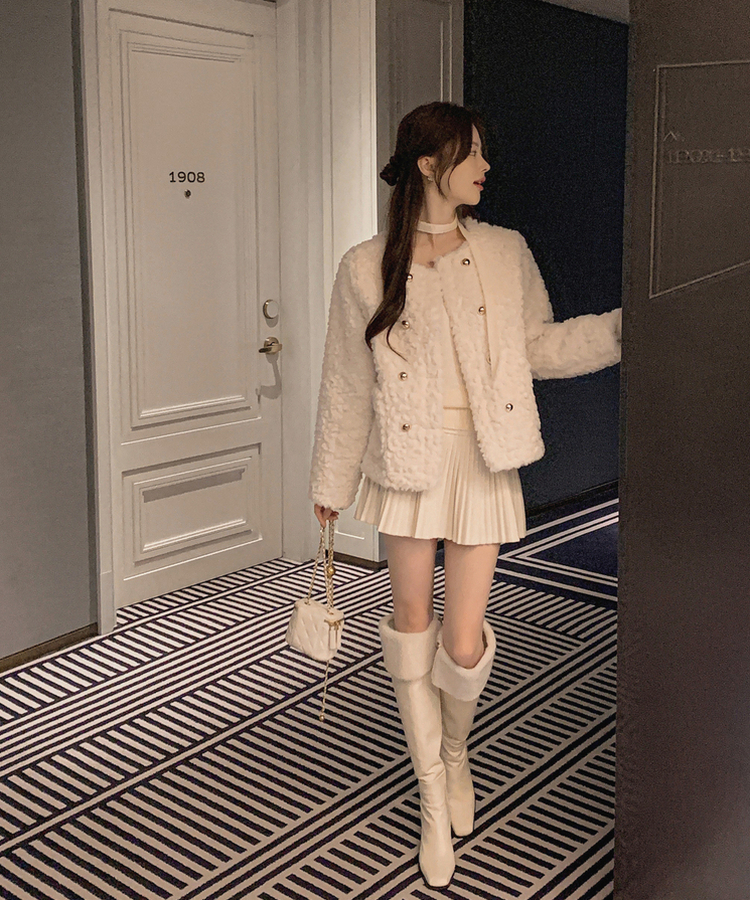 ダブルボタンポケットフェイクファージャケット WHITE