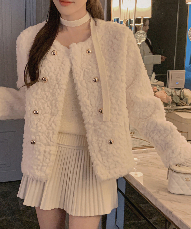 ダブルボタンポケットフェイクファージャケット WHITE