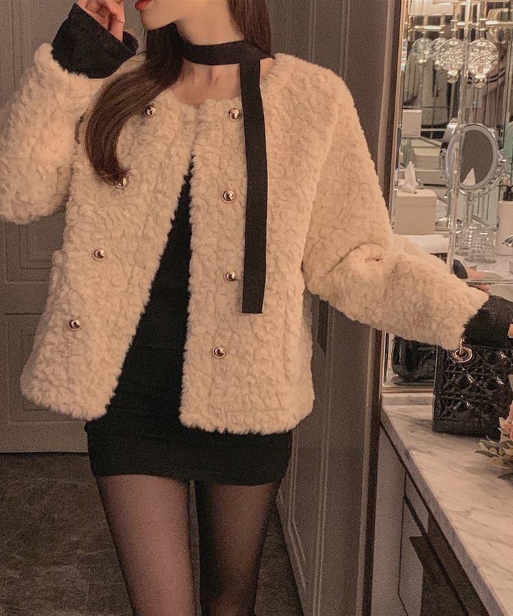 ダブルボタンポケットフェイクファージャケット BEIGE