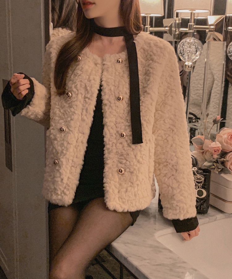 ダブルボタンポケットフェイクファージャケット BEIGE