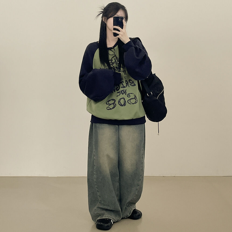 아트 빈티지 나그랑 배색 아방핏 맨투맨 빅사이즈