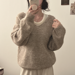 【SET】Vネックルーズフィットニット+キャミソール BEIGE