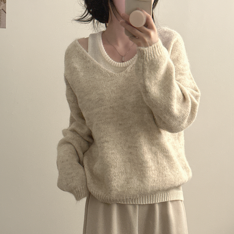 【SET】Vネックルーズフィットニット+キャミソール IVORY