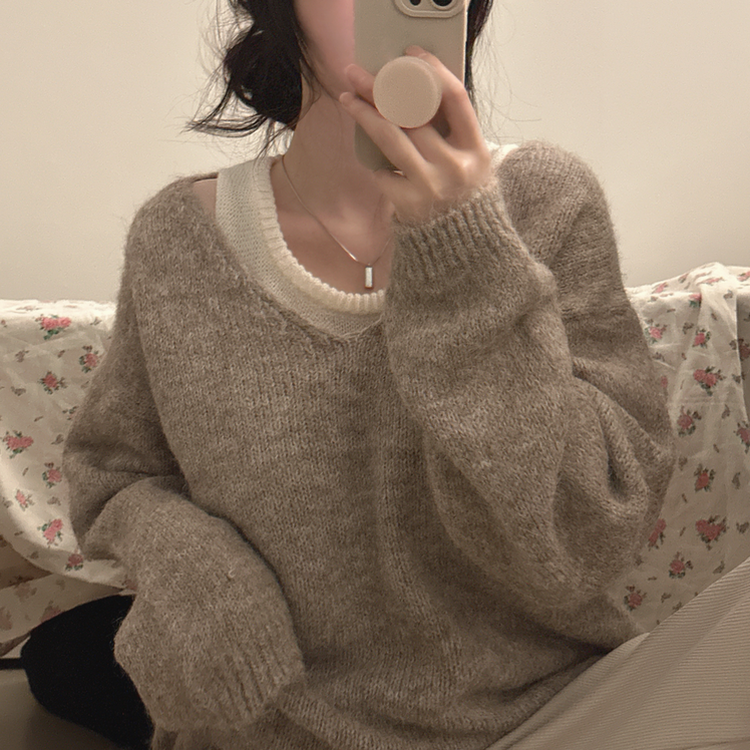 【SET】Vネックルーズフィットニット+キャミソール BEIGE