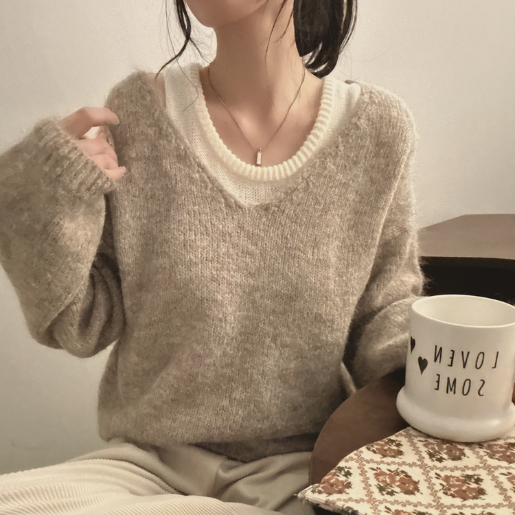 【SET】Vネックルーズフィットニット+キャミソール BEIGE