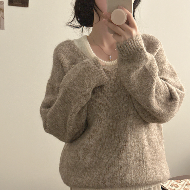 【SET】Vネックルーズフィットニット+キャミソール BEIGE