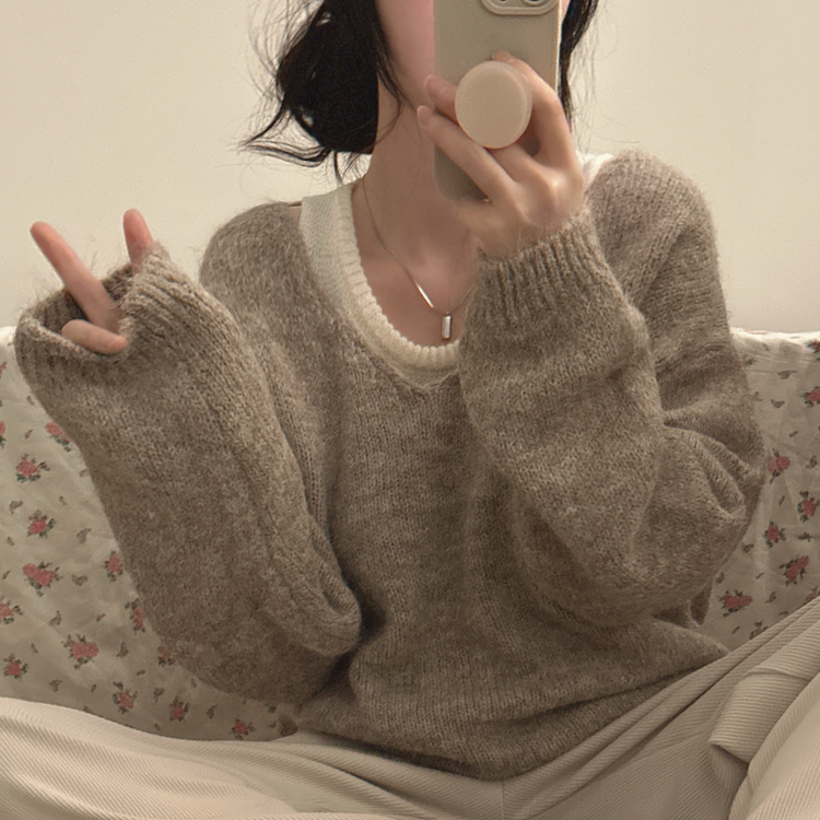 【SET】Vネックルーズフィットニット+キャミソール BEIGE