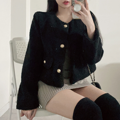 厚手ウールツイードノーカラーショートジャケット｜ジャケット｜韓国