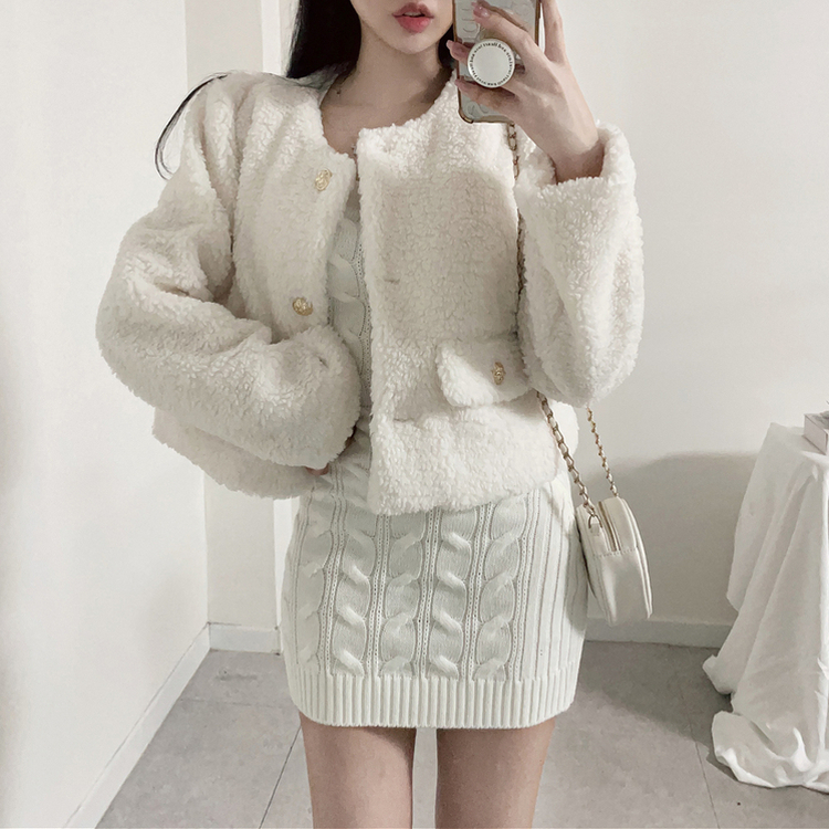 厚手ウールツイードノーカラーショートジャケット｜ジャケット｜韓国