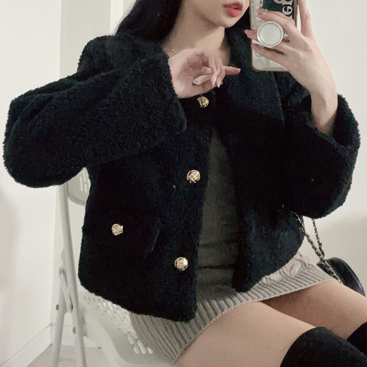 厚手ウールツイードノーカラーショートジャケット｜ジャケット｜韓国