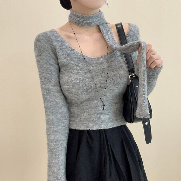マフラー付き】Uネッククロップスリムニット｜ニット｜韓国