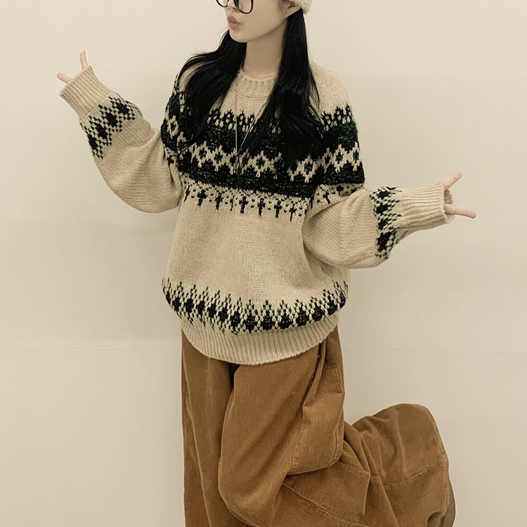 삿포로 노르딕 눈꽃 배색 오버핏 래글런 니트 크리스마스 연말룩