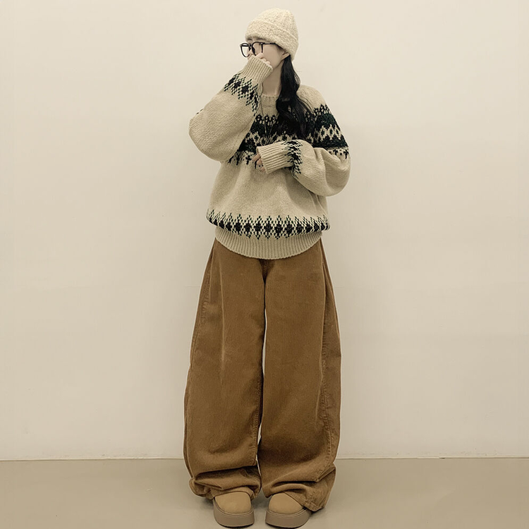 삿포로 노르딕 눈꽃 배색 오버핏 래글런 니트 크리스마스 연말룩