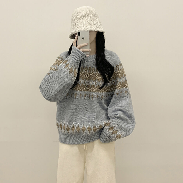 삿포로 노르딕 눈꽃 배색 오버핏 래글런 니트 크리스마스 연말룩