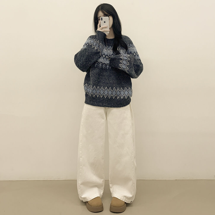 삿포로 노르딕 눈꽃 배색 오버핏 래글런 니트 크리스마스 연말룩