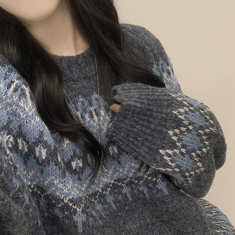 삿포로 노르딕 눈꽃 배색 오버핏 래글런 니트 크리스마스 연말룩