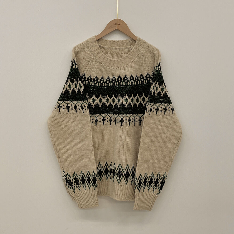 삿포로 노르딕 눈꽃 배색 오버핏 래글런 니트 크리스마스 연말룩