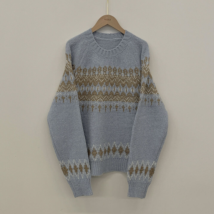 삿포로 노르딕 눈꽃 배색 오버핏 래글런 니트 크리스마스 연말룩