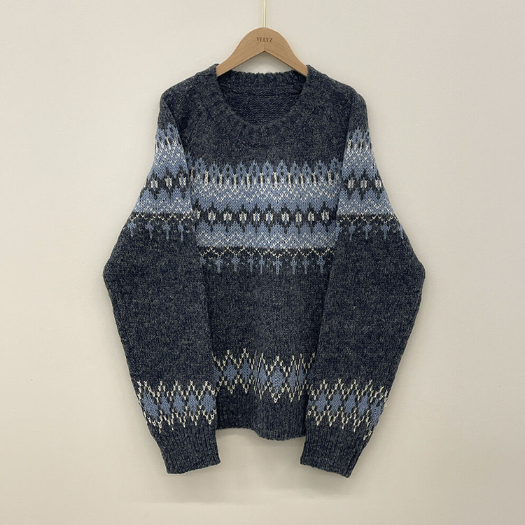 삿포로 노르딕 눈꽃 배색 오버핏 래글런 니트 크리스마스 연말룩