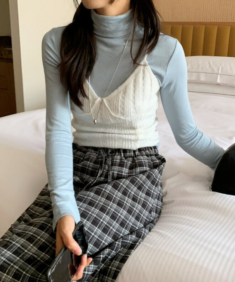 スリムフィットレイヤードタートルネックTシャツ(7color) SKY BLUE