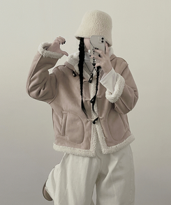 스웨이드떡볶이더플양털후드숏자켓무스탕 베이지