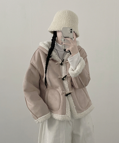 스웨이드떡볶이더플양털후드숏자켓무스탕 베이지