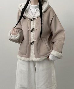 스웨이드떡볶이더플양털후드숏자켓무스탕 베이지