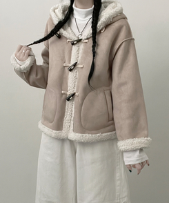 스웨이드떡볶이더플양털후드숏자켓무스탕 베이지