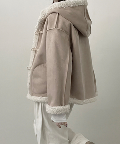 스웨이드떡볶이더플양털후드숏자켓무스탕 베이지