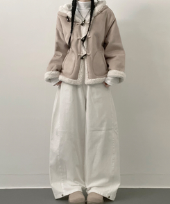 스웨이드떡볶이더플양털후드숏자켓무스탕 베이지