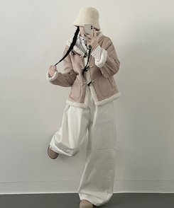 스웨이드떡볶이더플양털후드숏자켓무스탕 베이지